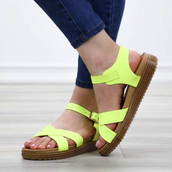 Neon Green Strappy Comfort Sandals Faux Nubuck - Picture 10 of 13